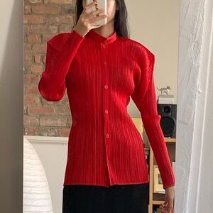 Issey Miyake Pleats Please Grandad Collar Button Up Red